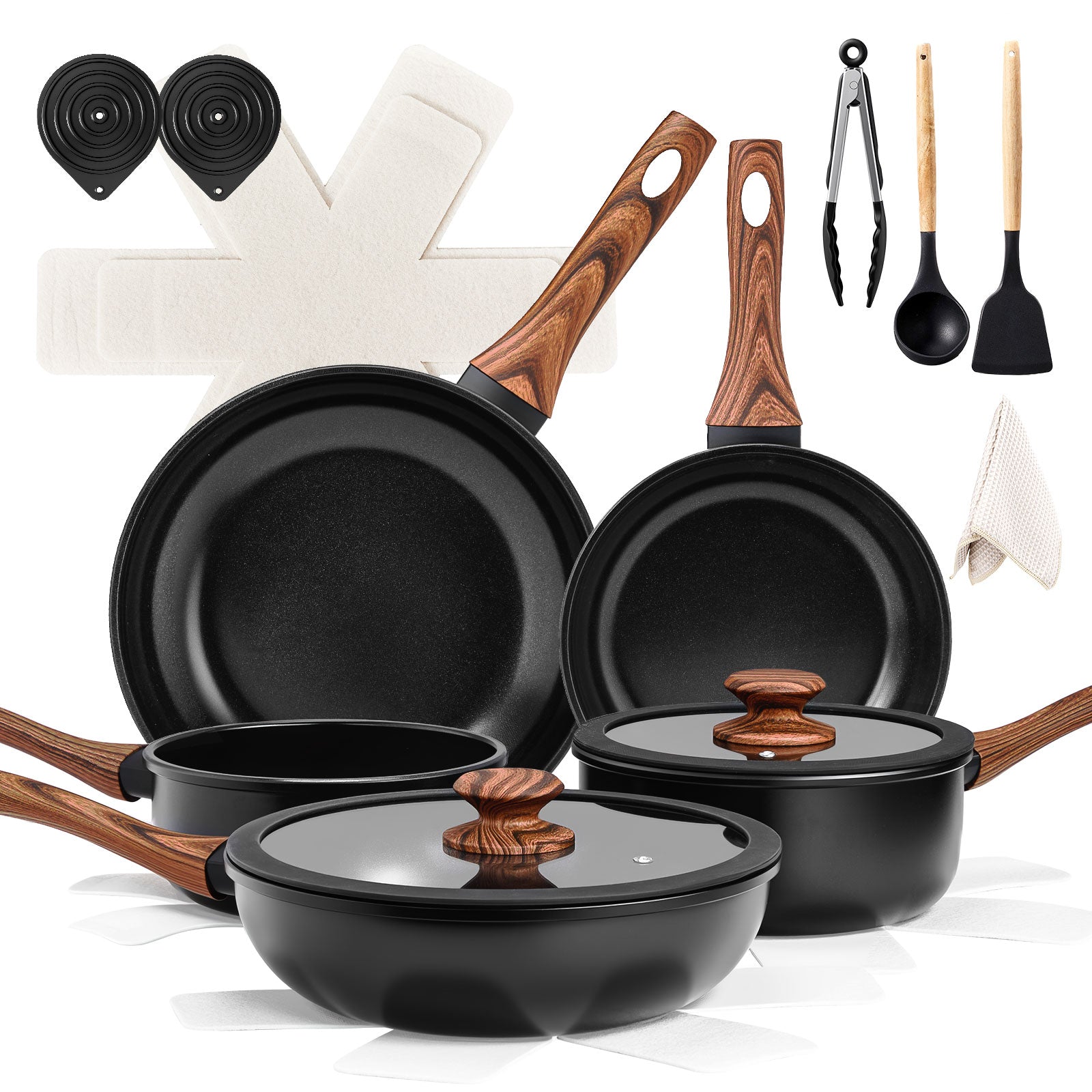 17-Piece Aluminum Cookware Set, Black Non-Stick Pots and Pans Set with Assembled Handles - 5 Pots & 2 Lids, Compatible with Induction, Gas, Electric Stoves, Perfect for Home Kitchen Use