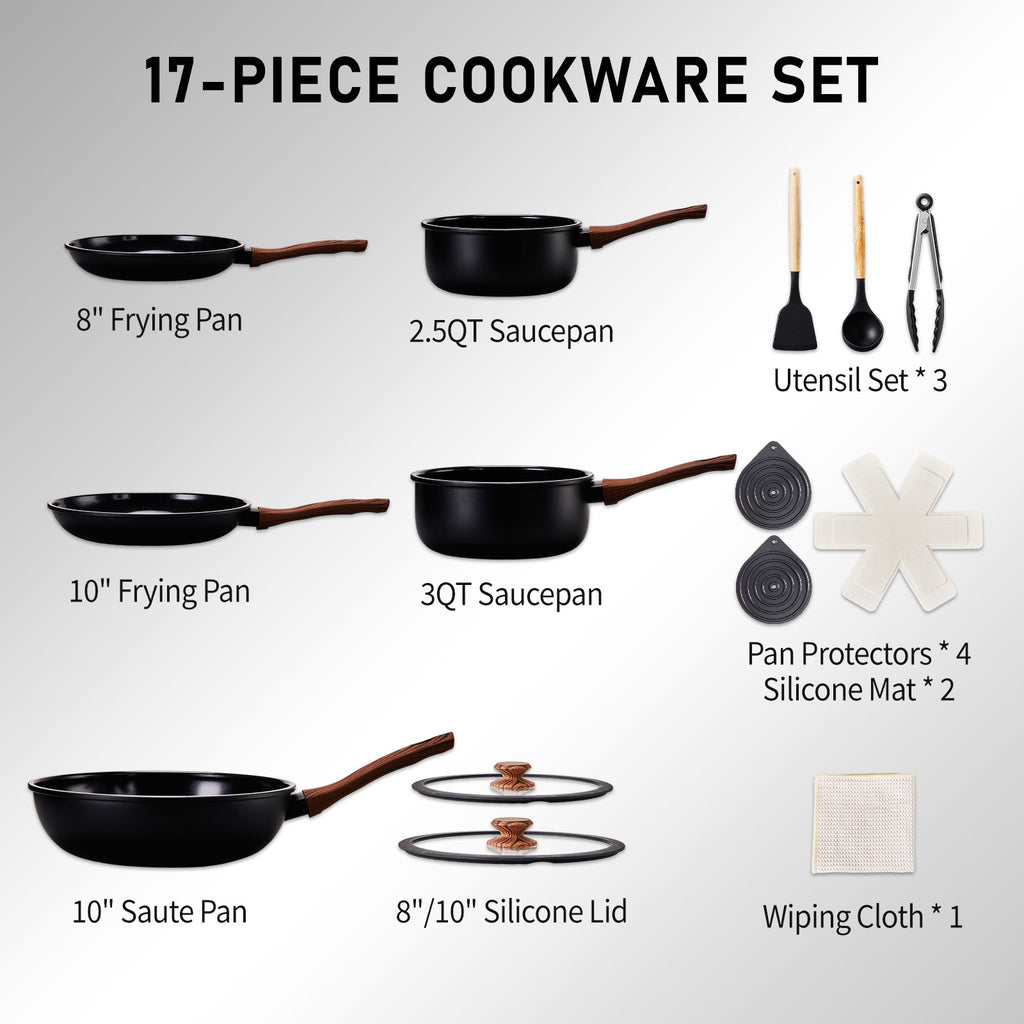 17-Piece Aluminum Cookware Set, Black Non-Stick Pots and Pans Set with Assembled Handles - 5 Pots & 2 Lids, Compatible with Induction, Gas, Electric Stoves, Perfect for Home Kitchen Use