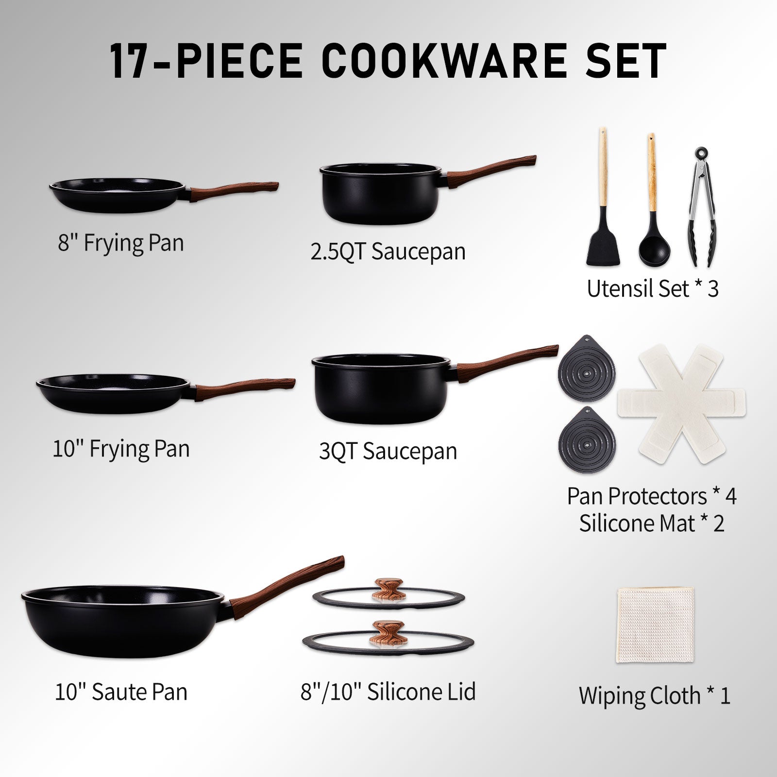 17-Piece Aluminum Cookware Set, Black Non-Stick Pots and Pans Set with Assembled Handles - 5 Pots & 2 Lids, Compatible with Induction, Gas, Electric Stoves, Perfect for Home Kitchen Use