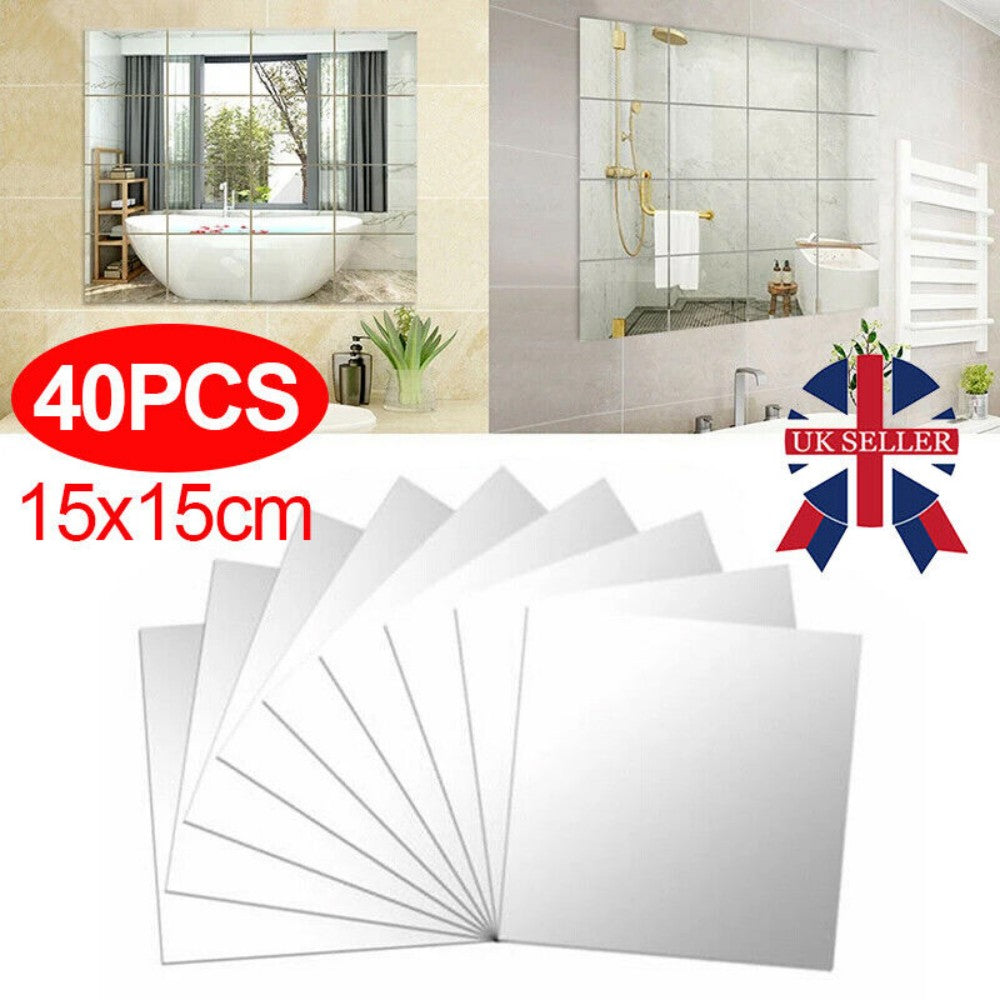 40 Pack Self-Adhesive Mirror Tiles - 15cm Square Wall Stickers