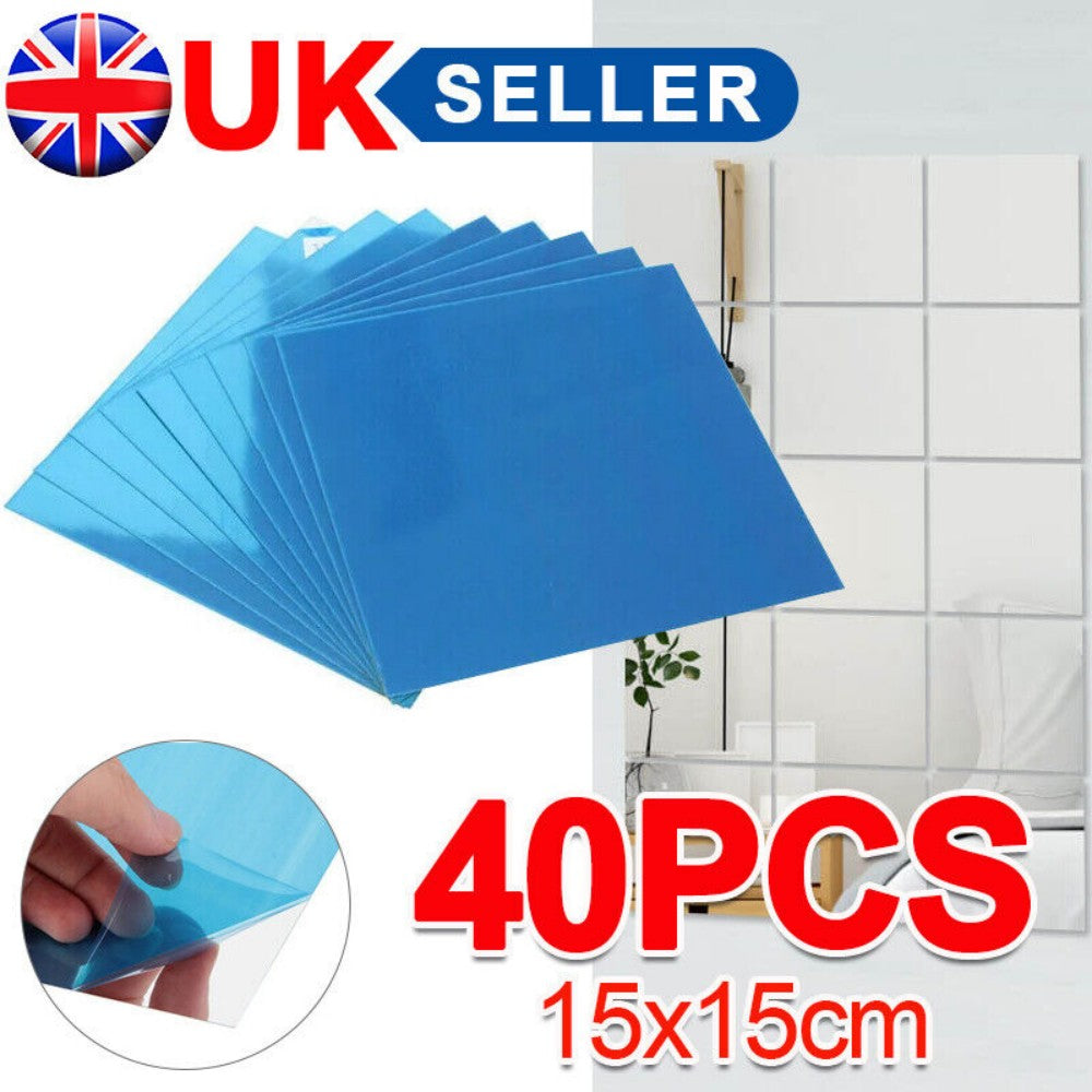 40 Pack Self-Adhesive Mirror Tiles - 15cm Square Wall Stickers