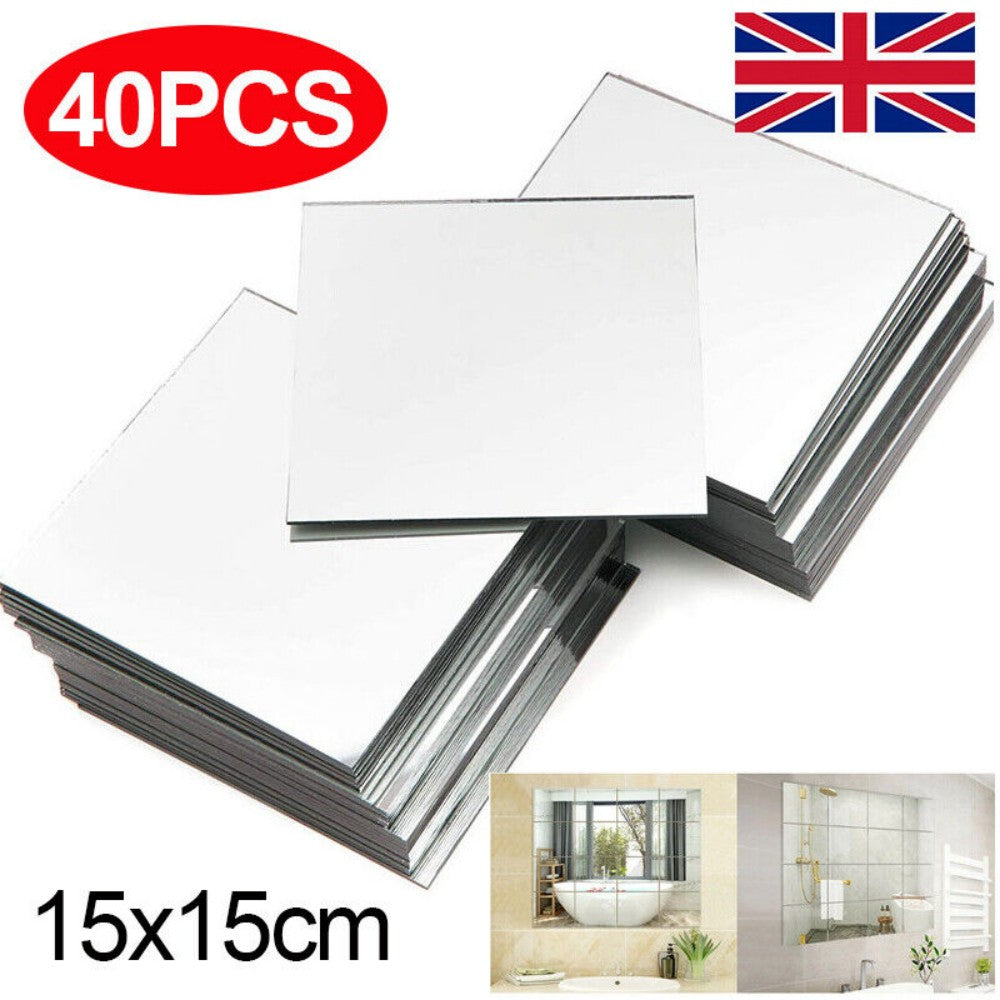 40 Pack Self-Adhesive Mirror Tiles - 15cm Square Wall Stickers