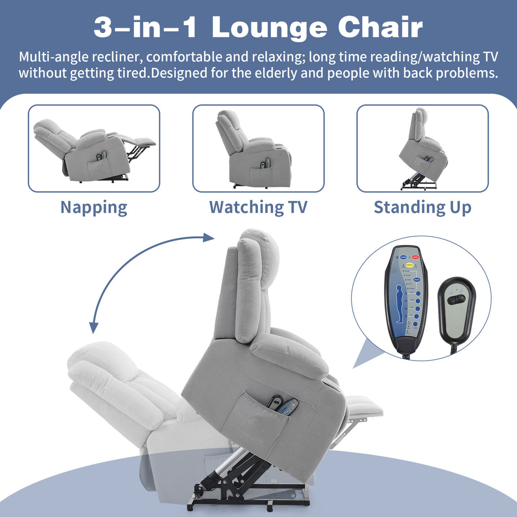 1pcs grey fabric electric elderly chair with 8-point massage belt heating 120kg indoor functional chair, UK