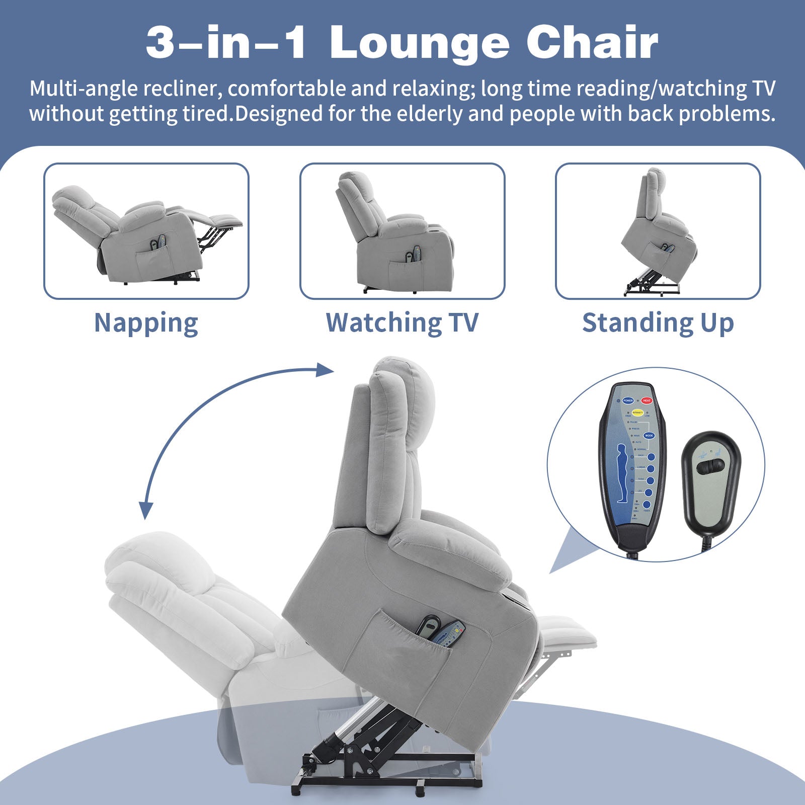 1pcs grey fabric electric elderly chair with 8-point massage belt heating 120kg indoor functional chair, UK