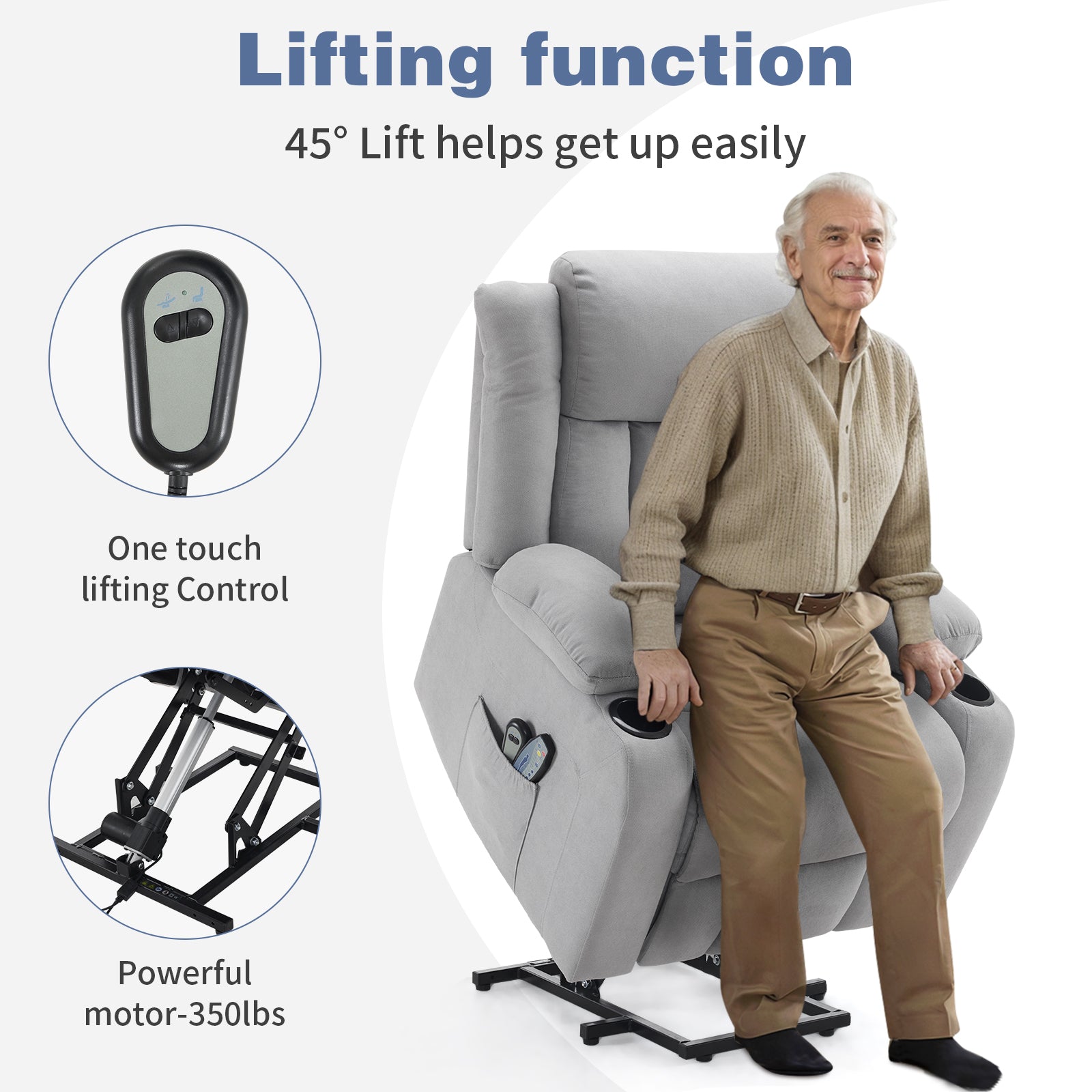 1pcs grey fabric electric elderly chair with 8-point massage belt heating 120kg indoor functional chair, UK