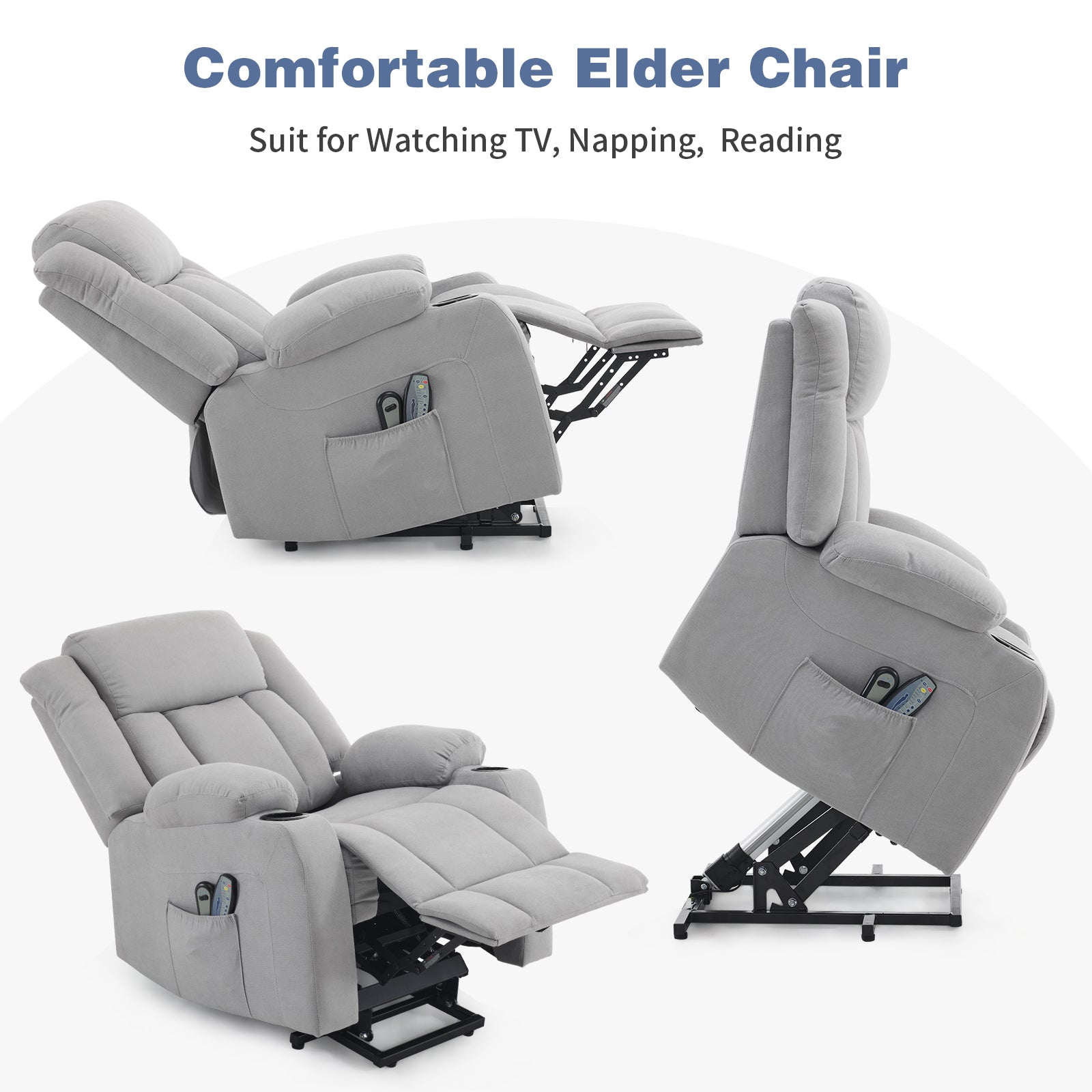 1pcs grey fabric electric elderly chair with 8-point massage belt heating 120kg indoor functional chair, UK
