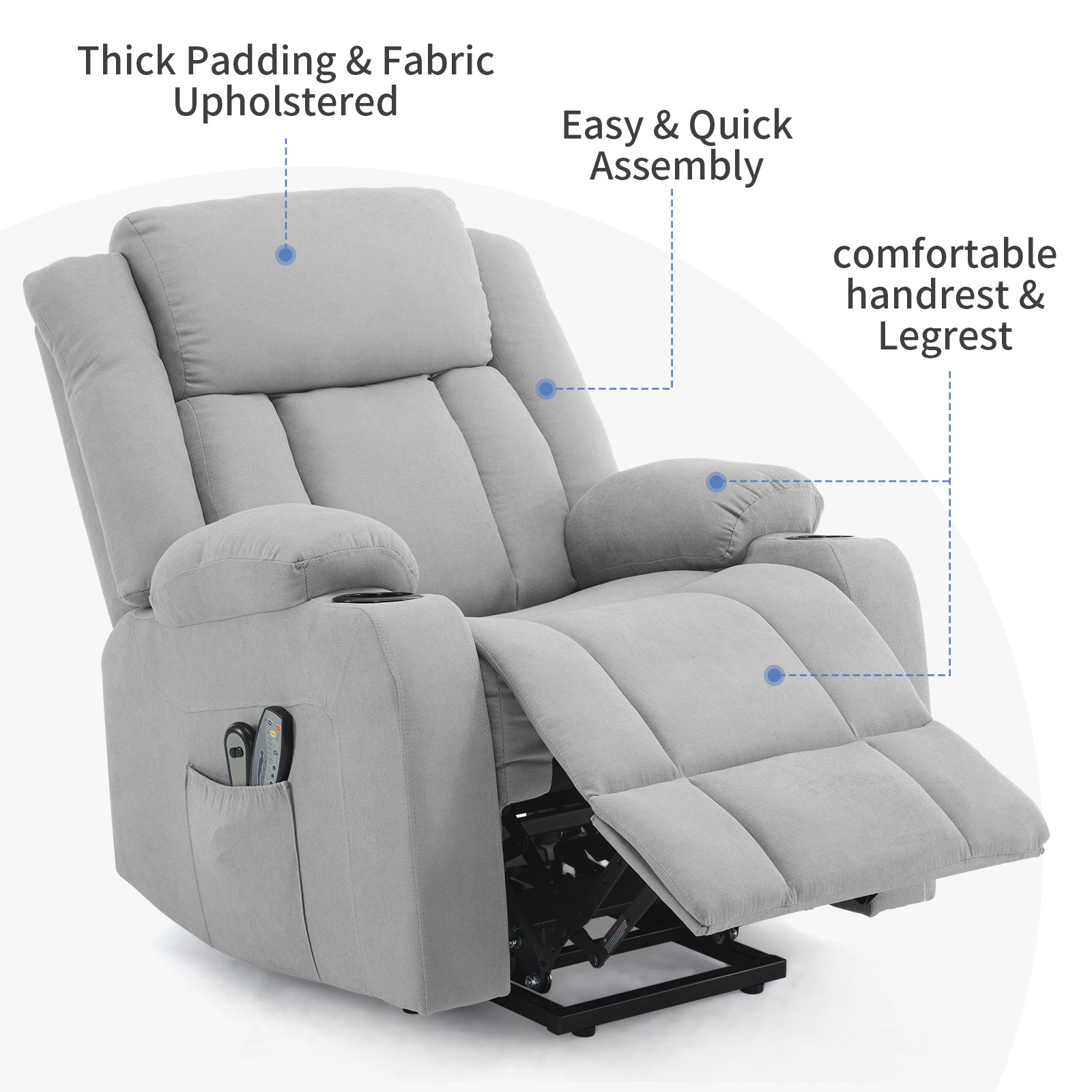 1pcs grey fabric electric elderly chair with 8-point massage belt heating 120kg indoor functional chair, UK