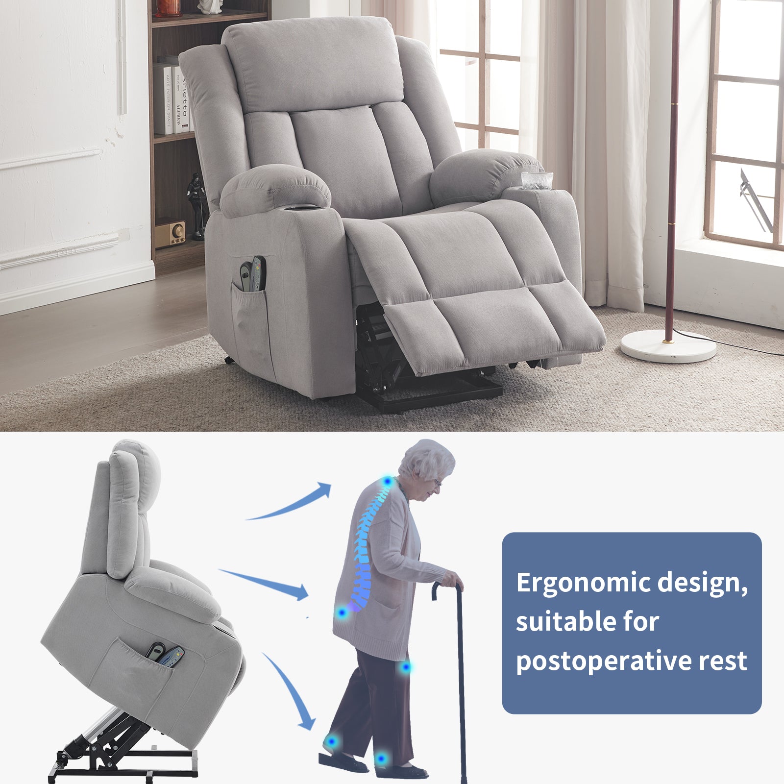 1pcs grey fabric electric elderly chair with 8-point massage belt heating 120kg indoor functional chair, UK