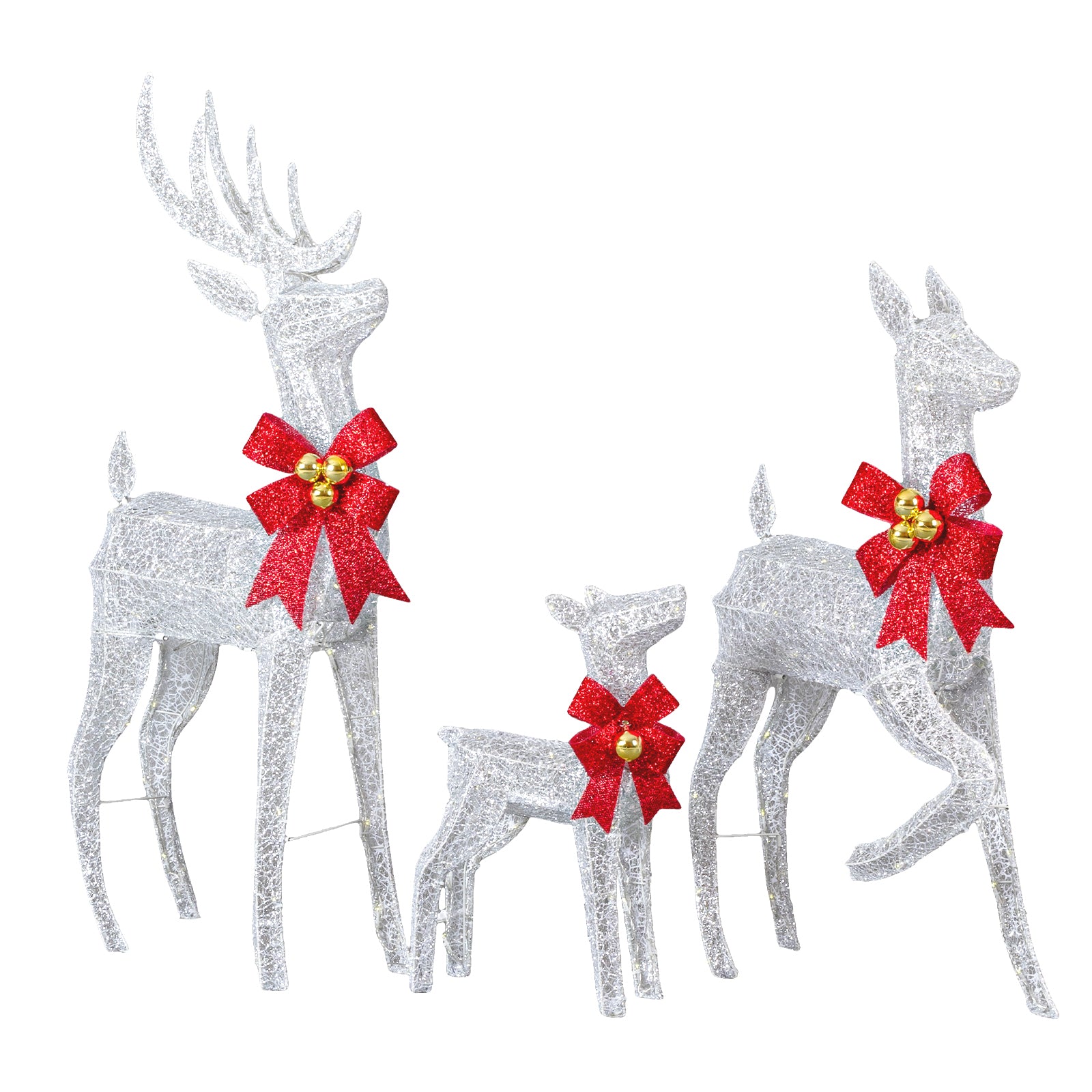 3-Piece Lighted Christmas Reindeer Family Set Outdoor Decorations, Weather Proof Sparkling Deer Family Set of 3 Christmas Ornament Home Decor Pre-lit 210 LED Warm White Lights, 4FT, Silver