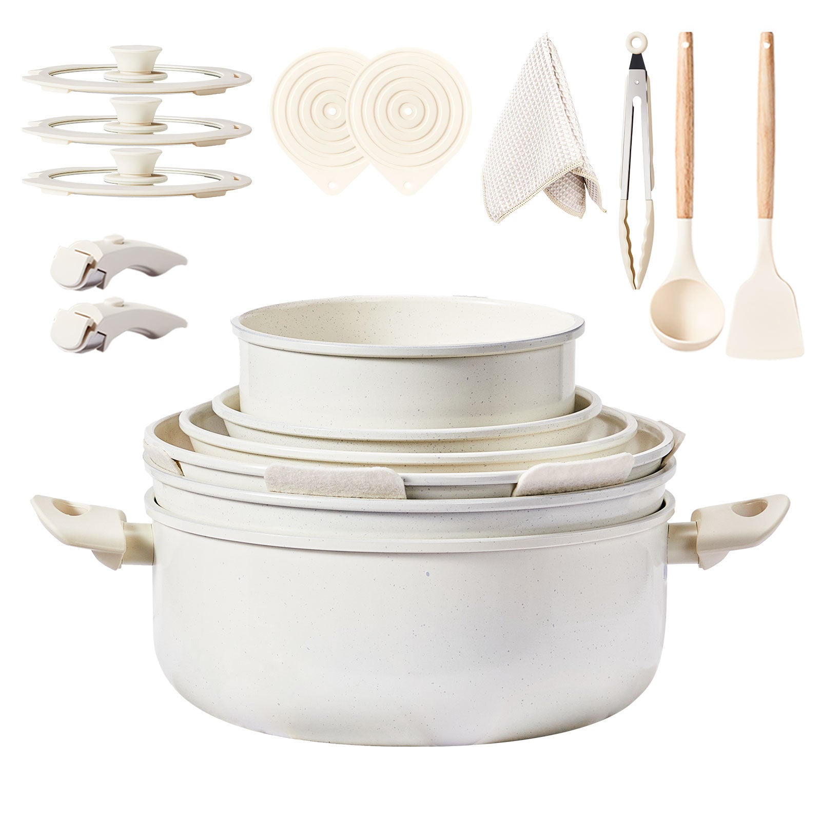 22-Piece Non-Stick Cookware Set, 6 Pots & 3 Lids, Removable Handles, Oven & Dishwasher Safe, Includes 28cm Soup Pot, Cream White Aluminum