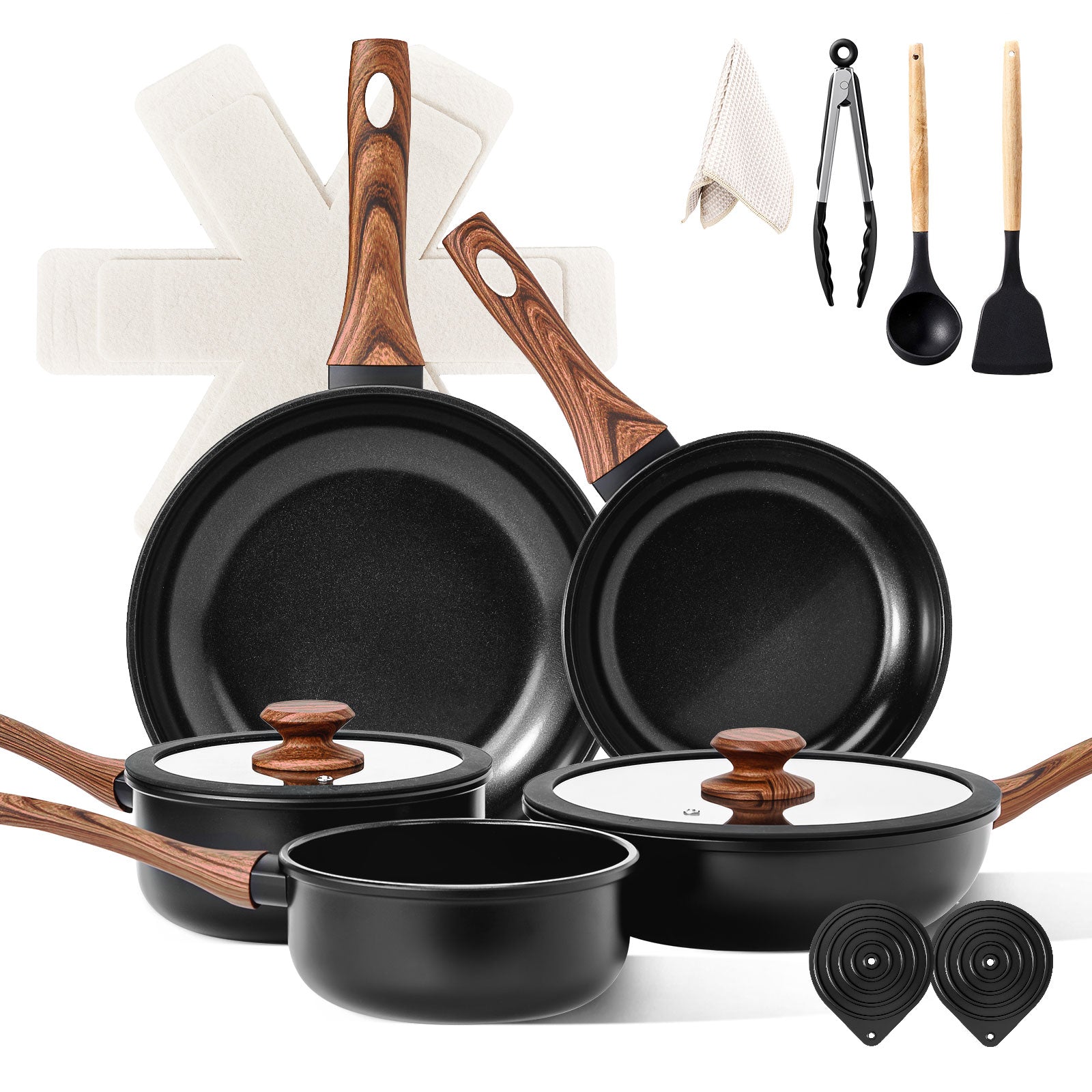 17-Piece Aluminum Cookware Set, Black Non-Stick Pots and Pans Set with Assembled Handles - 5 Pots & 2 Lids, Compatible with Induction, Gas, Electric Stoves, Perfect for Home Kitchen Use